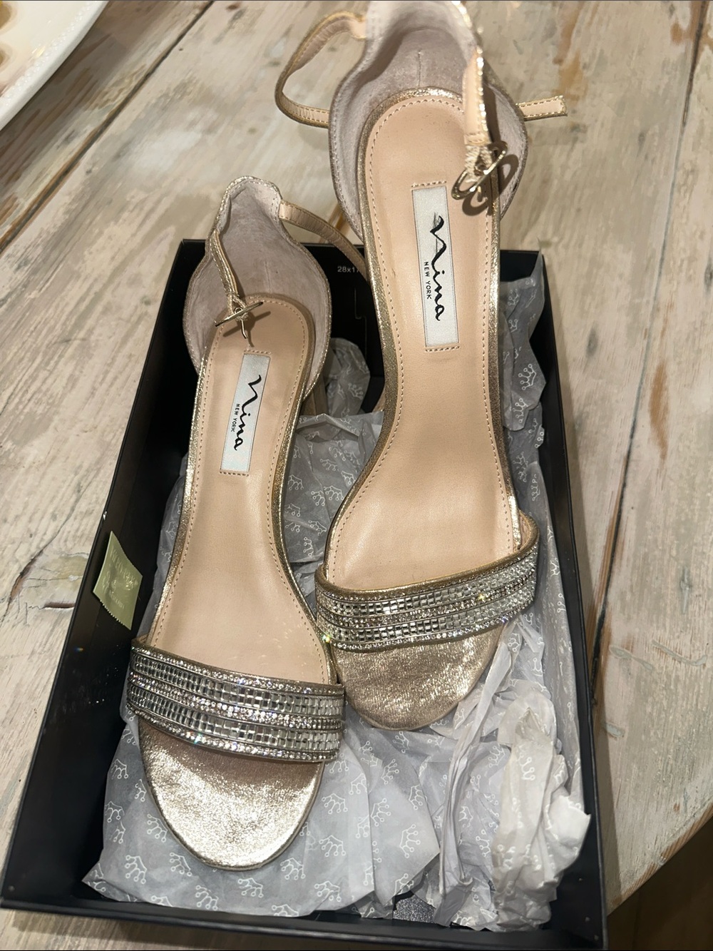 Nina Metallic Gold Crystal-Strap Ankle Strap Heels